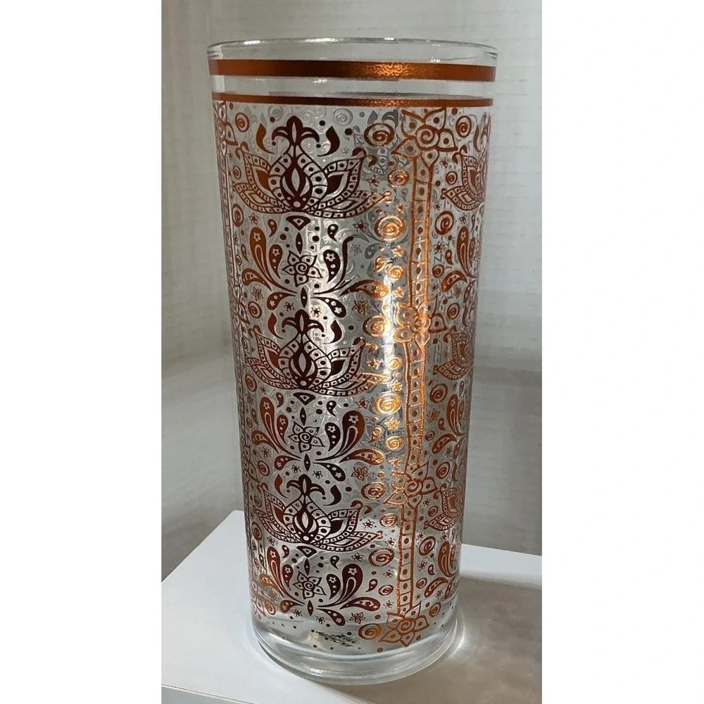 Vintage Moroccan Copper Filigree Highball Glasses Set of 4 Paisley Lotus Barware